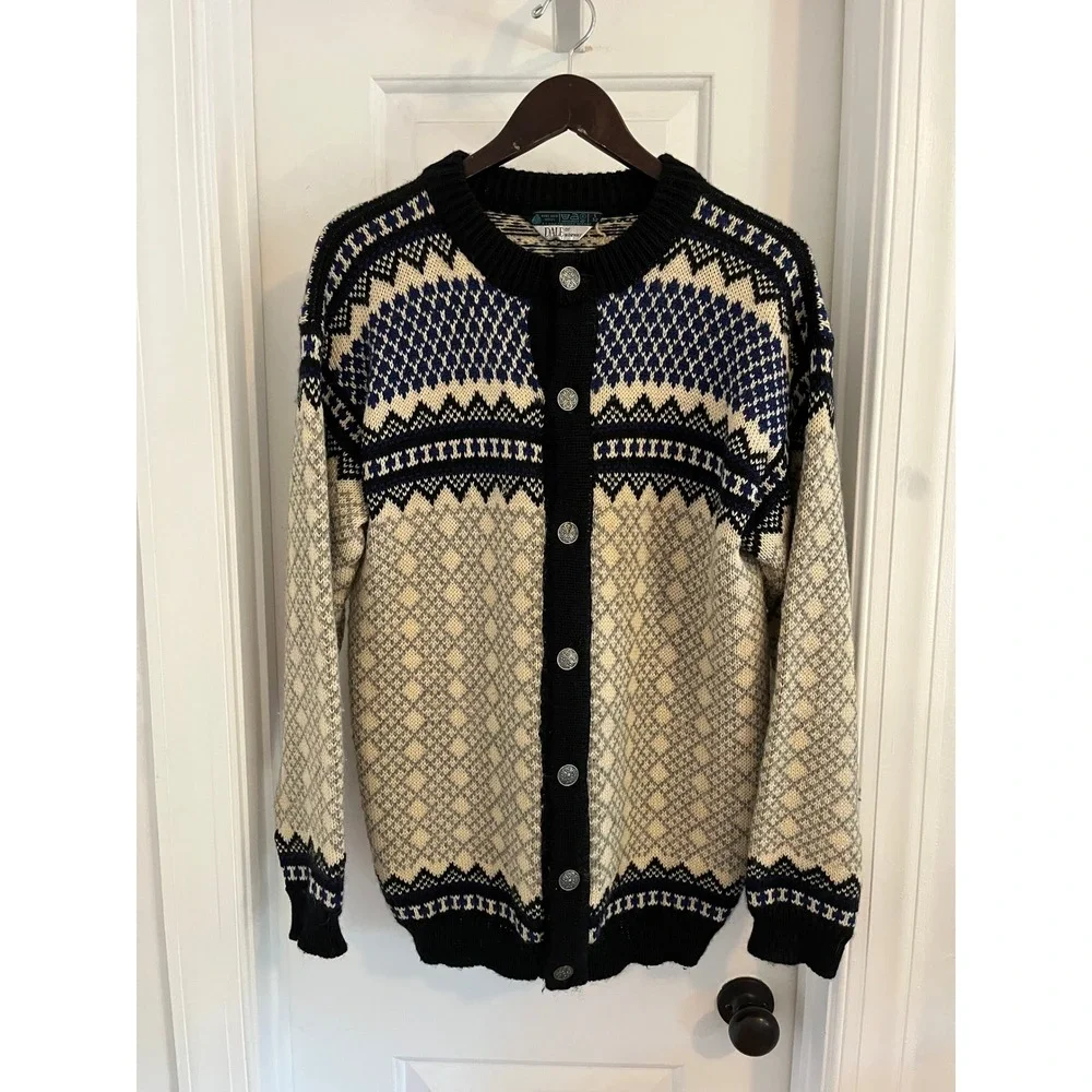 Vintage Dale of Norway Wool Cardigan Nordic Fair Isle Pewter Button Sweater L 52